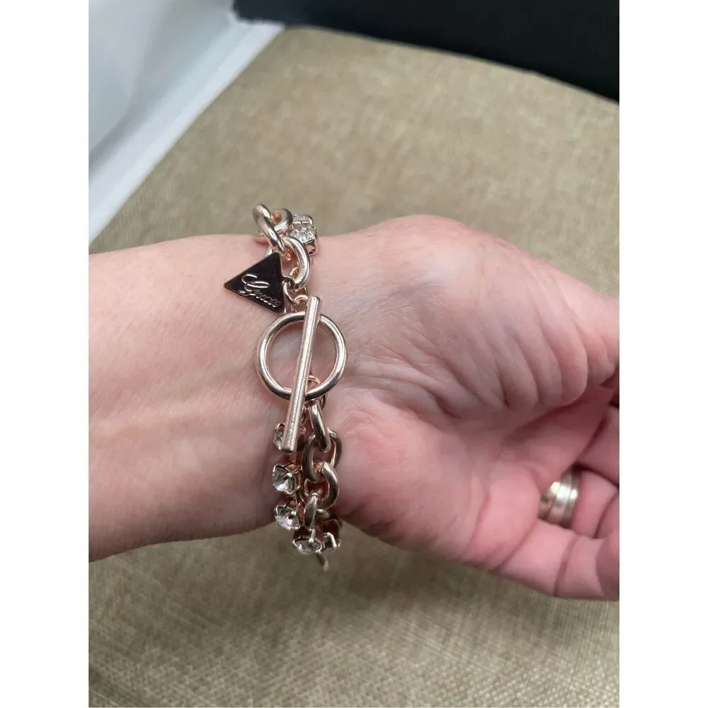Vintage Guess Charmed Bracelet  Double-strand  Gold-tone Crystal, Rhinestones, H